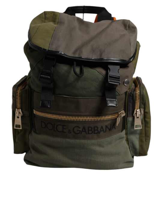 Large Travel Drawstring Backpack by Dolce & Gabbana for men in calf leather & cotton military-green, camouflage & patchwork showcases an architectural Calf Leather Cotton Large Travel Drawstring Backpack design, featuring a secure drawstring, ample internal-pockets, and architectural backpack-strap for a sophisticated look.