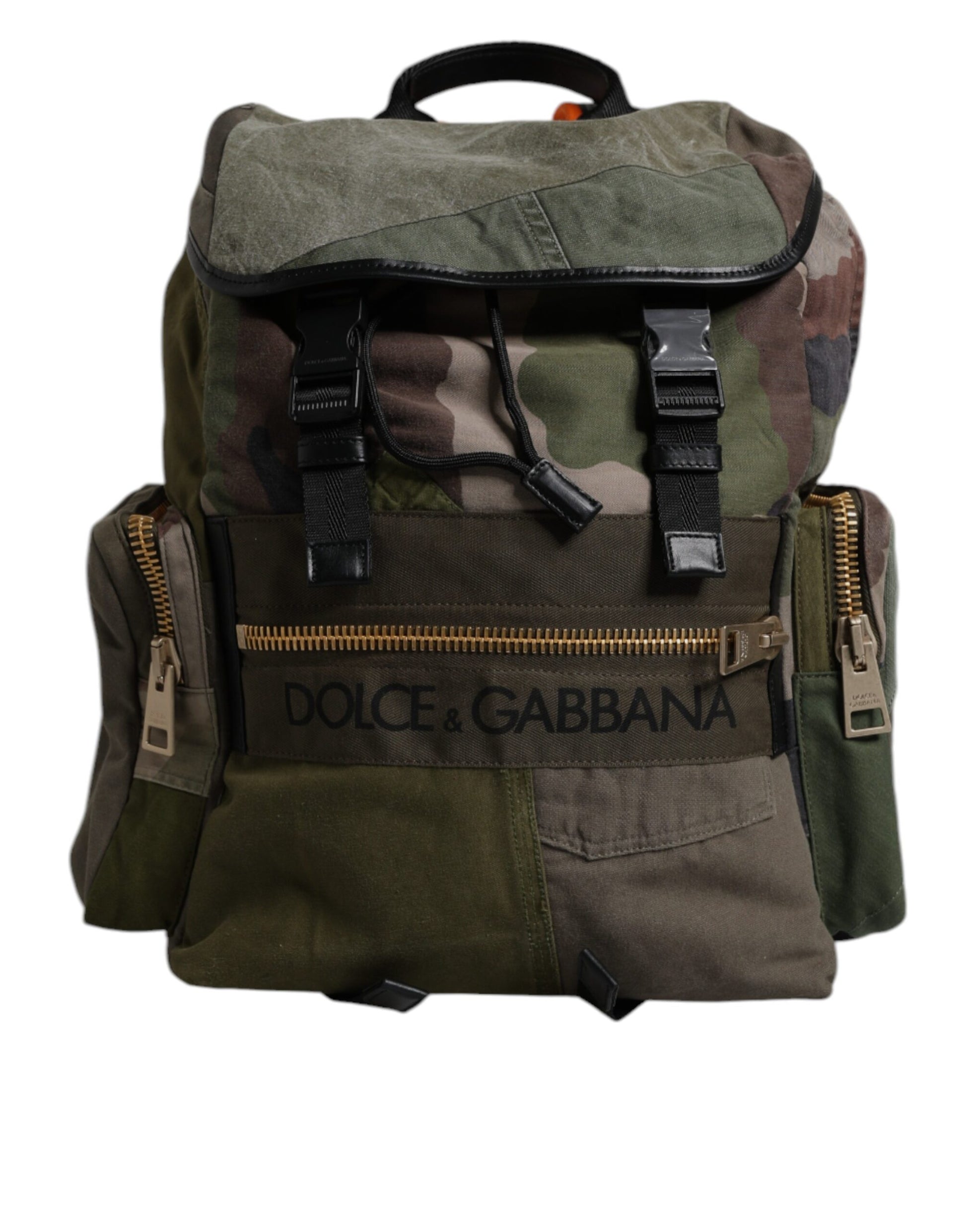 Large Drawstring Backpack by Dolce & Gabbana for men in calf leather & cotton military-green, camouflage & patchwork presents a stately Calf Leather Cotton Large Drawstring Backpack design, showcasing a secure drawstring with ample internal-pockets and versatile backpack-strap for a stately finish.