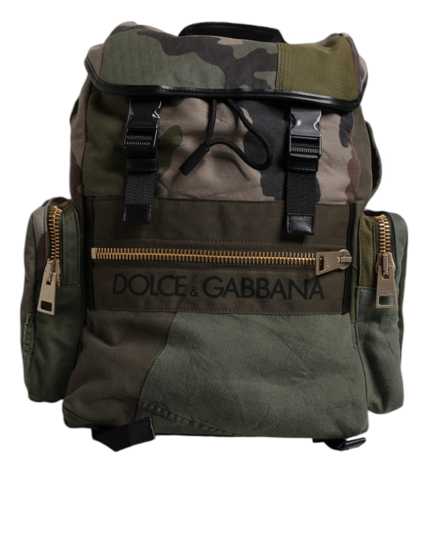 Large Travel Drawstring Backpack by Dolce & Gabbana for men in calf leather & cotton military-green, patterned, camouflage & patchwork showcases an architectural Calf Leather Cotton Large Travel Drawstring Backpack design, featuring a secure drawstring, ample internal-pockets, and architectural backpack-strap for a sophisticated look.