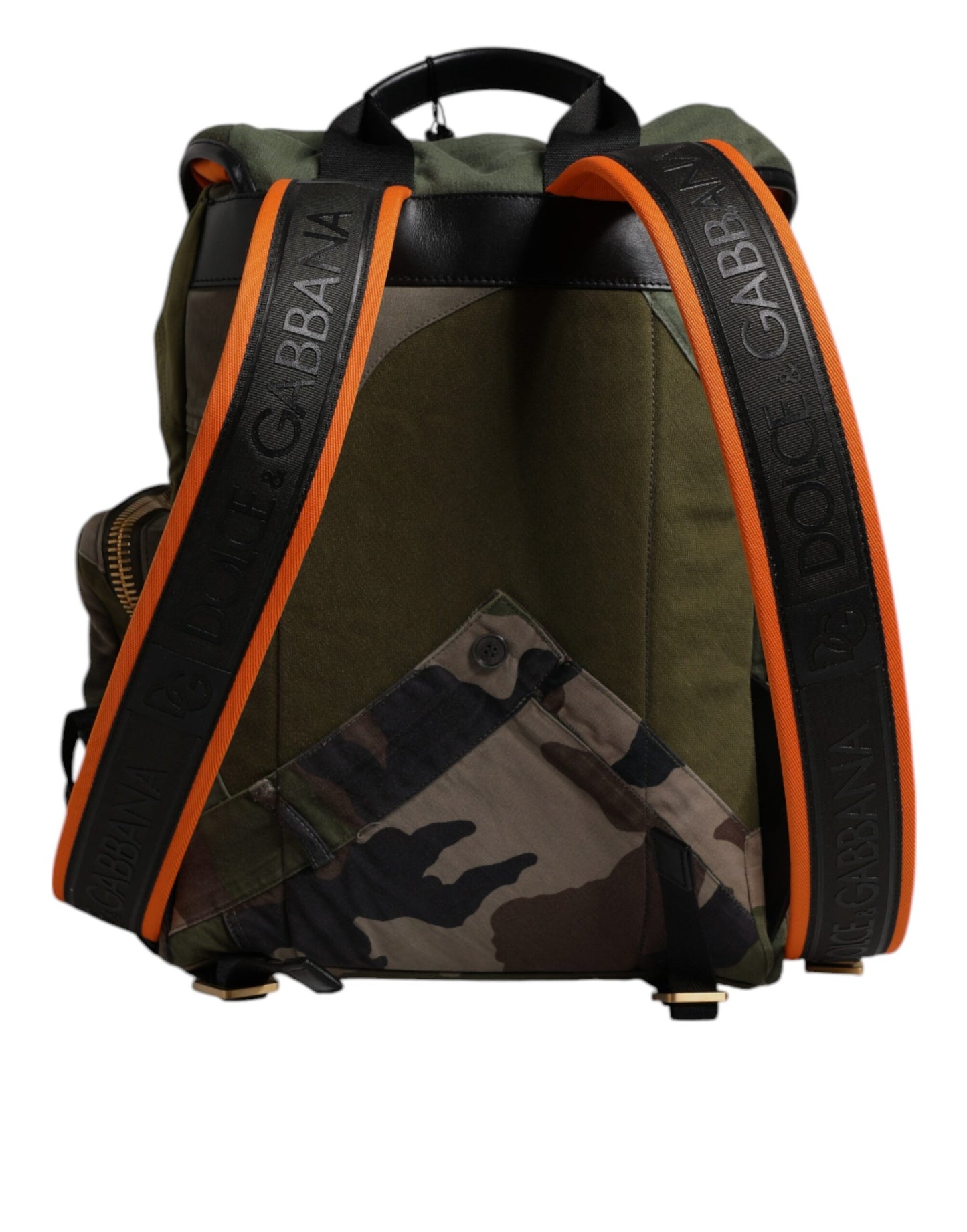 Large Drawstring Backpack by Dolce & Gabbana for men in calf leather & cotton military-green, camouflage, signature & patchwork features a refined silhouette, showcasing the Calf Leather Cotton Large Drawstring Backpack design with a secure drawstring, ample internal-pockets, and versatile backpack-strap.