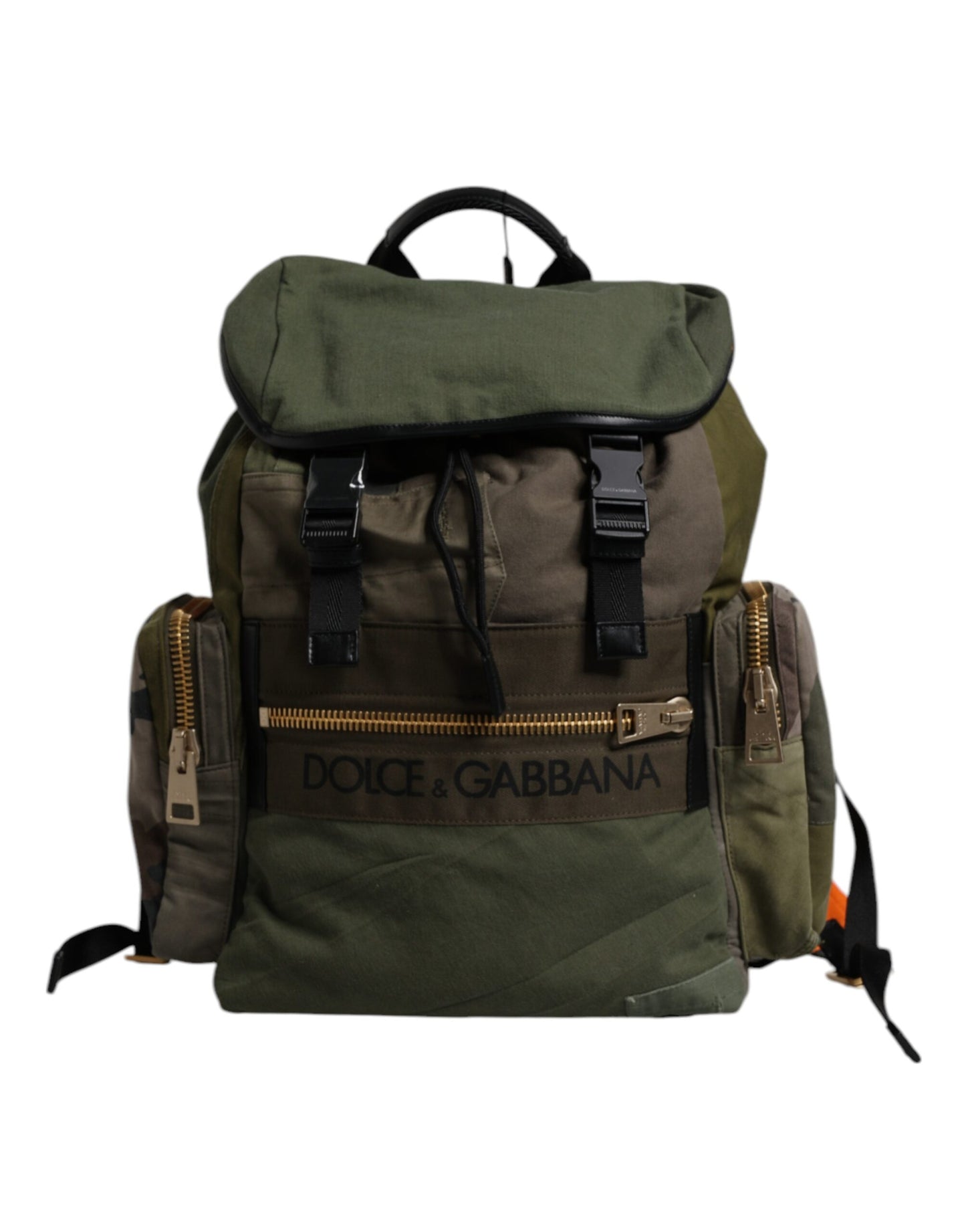Large Travel Drawstring Backpack by Dolce & Gabbana for men in calf leather & cotton military-green, camouflage & patchwork features a refined silhouette, showcasing the Calf Leather Cotton Large Travel Drawstring Backpack design with a secure drawstring, ample internal-pockets, and versatile backpack-strap.