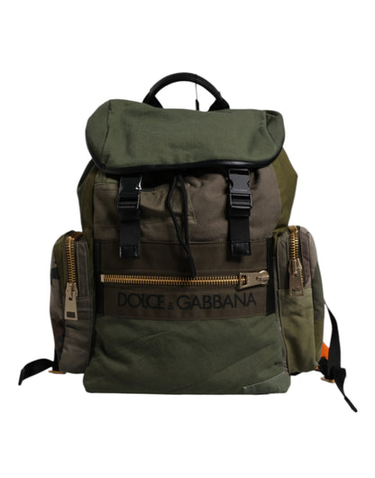 Large Travel Drawstring Backpack by Dolce & Gabbana for men in calf leather & cotton military-green, camouflage & patchwork features a refined silhouette, showcasing the Calf Leather Cotton Large Travel Drawstring Backpack design with a secure drawstring, ample internal-pockets, and versatile backpack-strap.
