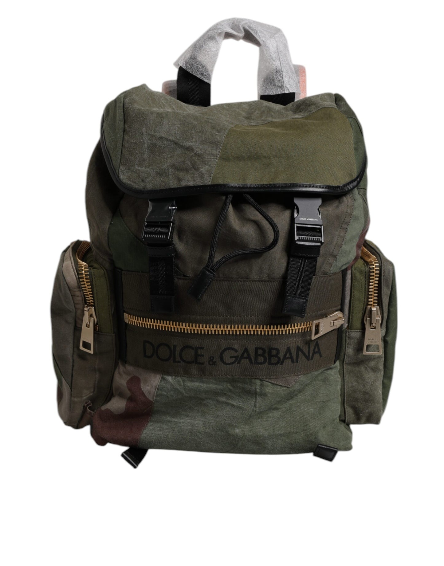 Large Travel Drawstring Backpack by Dolce & Gabbana for men in calf leather & cotton military-green, camouflage, signature & patchwork showcases an architectural Calf Leather Cotton Large Travel Drawstring Backpack design, featuring a secure drawstring, ample internal-pockets, and architectural backpack-strap for a sophisticated look.