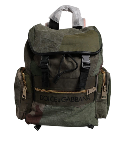 Large Travel Drawstring Backpack by Dolce & Gabbana for men in calf leather & cotton military-green, camouflage, signature & patchwork features a stately Calf Leather Cotton Large Travel Drawstring Backpack design, showcasing a secure drawstring, ample internal-pockets, and versatile backpack-strap for a stately finish.