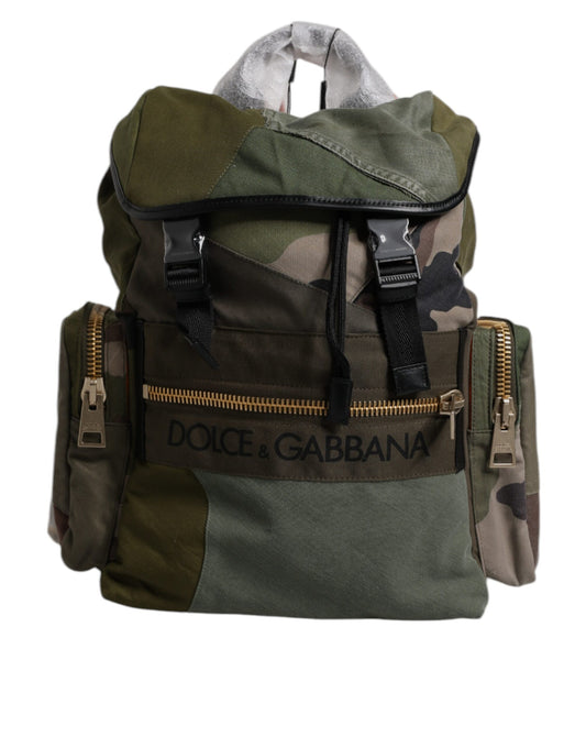 Large Travel Drawstring Backpack by Dolce & Gabbana for men in calf leather & cotton military-green, camouflage & patchwork features a refined silhouette, showcasing the Calf Leather Cotton Large Travel Drawstring Backpack design with a secure drawstring, ample internal-pockets, and versatile backpack-strap.