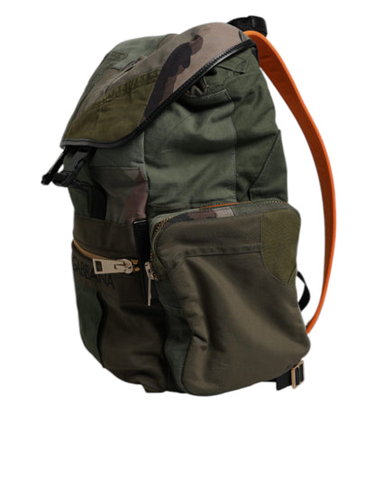 Large Travel Drawstring Backpack by Dolce & Gabbana for men in cotton & leather military-green, camouflage & patchwork presents a stately Cotton Leather Large Travel Drawstring Backpack design, showcasing a secure drawstring with ample internal-pockets and versatile backpack-strap for a stately finish.