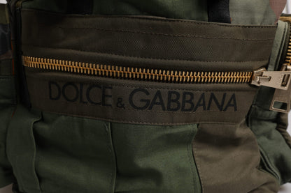Large Travel Drawstring Backpack by Dolce & Gabbana for men in cotton & leather military-green, camouflage & patchwork features a stately Cotton Leather Large Travel Drawstring Backpack design, showcasing a secure drawstring, ample internal-pockets, and versatile backpack-strap for a stately finish.