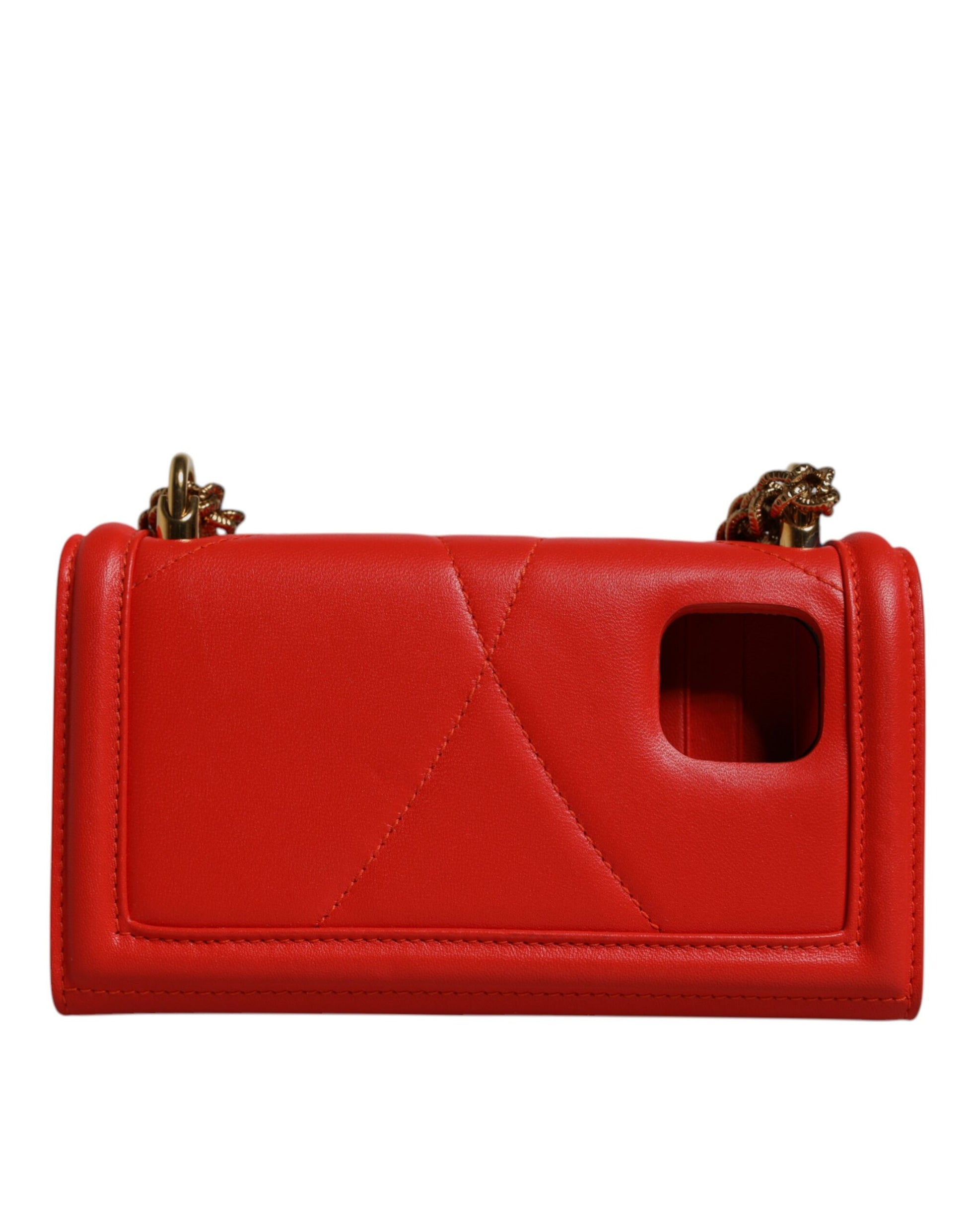 Medium Quilted Crossbody Phone Holder Handbag by Dolce & Gabbana for women in lamb leather gold & red features a multifaceted silhouette, showcasing a secure magnetic and multifaceted with versatile crossbody-strap for multifaceted style.