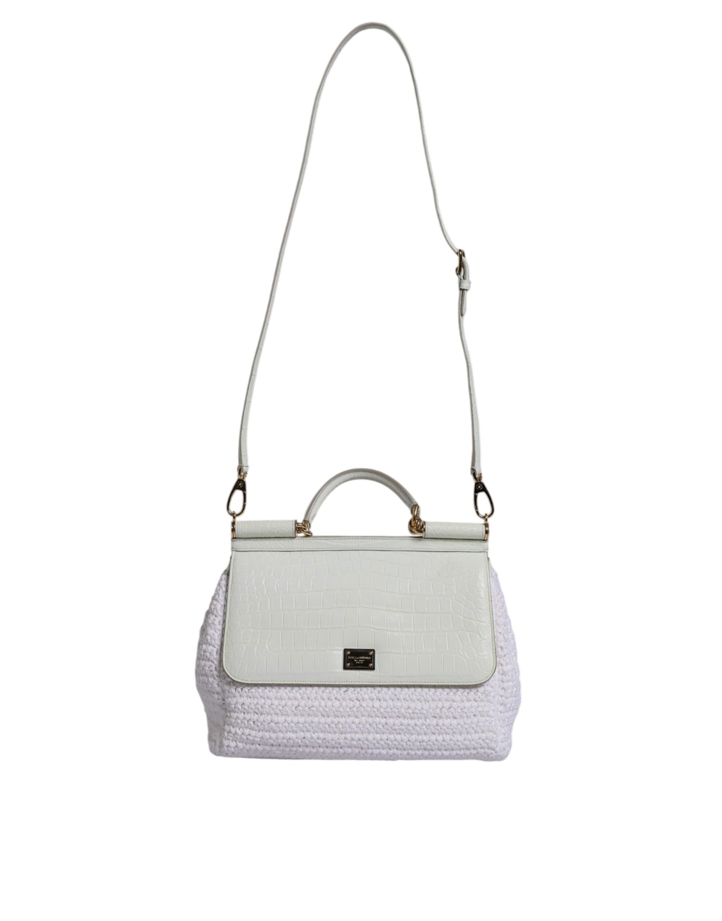 Crossbody Handbag by Dolce & Gabbana for women in raffia & leather gold & white features a transformative elegance silhouette, showcasing a secure magnetic, organized , and versatile crossbody-strap, shoulder-strap, handle, adjustable-strap & detachable-strap for a transformative elegance look.