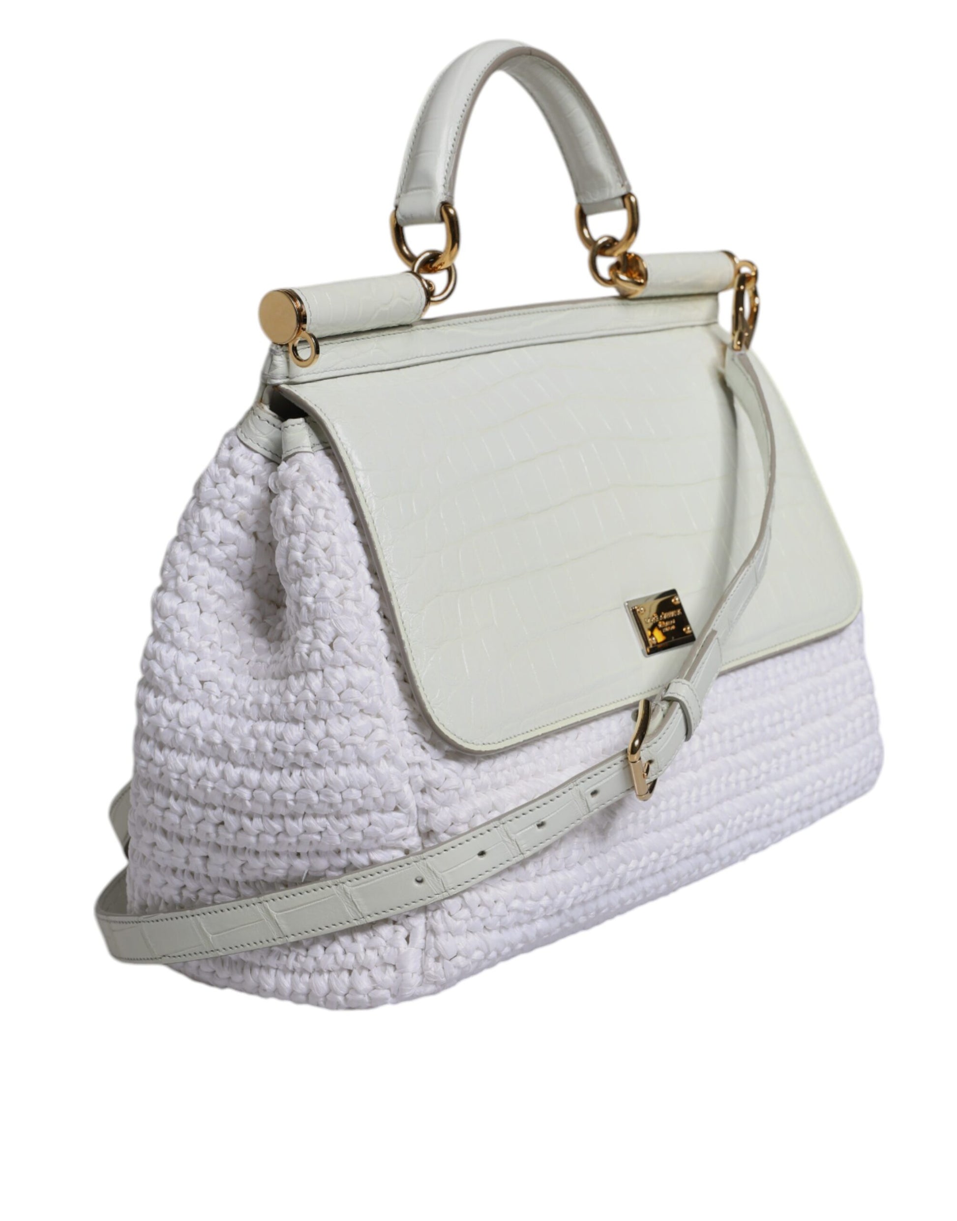 Crossbody Handbag by Dolce & Gabbana for women in raffia & leather gold & white features an versatile silhouette, showcasing a secure magnetic and versatile with versatile crossbody-strap, shoulder-strap, handle, adjustable-strap & detachable-strap for a versatile finish.