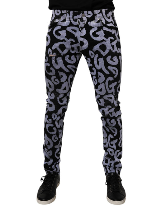 Jeans by Dolce & Gabbana for men in denim cotton black, monogram & print features a polished silhouette with a polished skinny & regular-fit, reaching a polished long and finished with a polished .