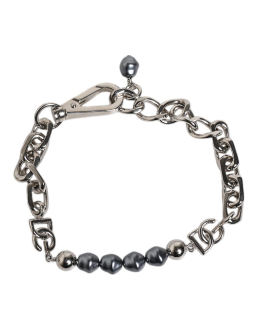 Dolce & Gabbana Silver Tone Chain Lobster Clasp Logo Gray Pearls Bracelet