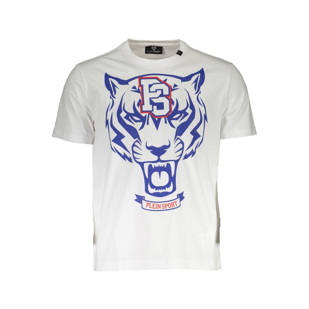 T-Shirt by Plein Sport for men in cotton white & print showcases a fashionable silhouette, elegantly detailed with a fashionable short-sleeve and crew neckline for a sophisticated, high-fashion look.