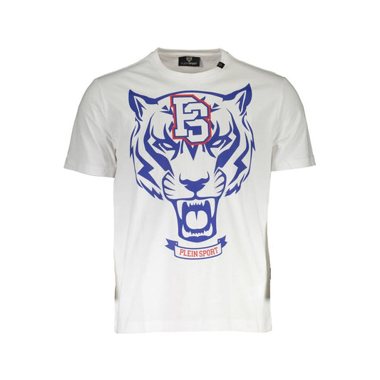 T-Shirt by Plein Sport for men in cotton white & print showcases a fashionable silhouette, elegantly detailed with a fashionable short-sleeve and crew neckline for a sophisticated, high-fashion look.