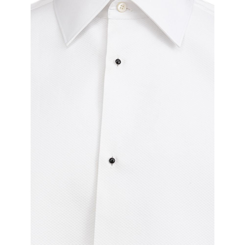 Shirt by Dolce & Gabbana for men in cotton & enamel black & white showcases a sharp silhouette, elegantly detailed with a sharp and sharp .