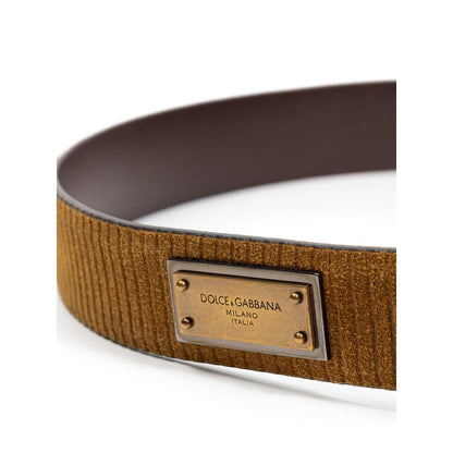 Belt by Dolce & Gabbana for men in leather & velvet brown features an artisanal finish, elegantly showcasing the signature style and artisanal craftsmanship of the Leather & Velvet Belt design.
