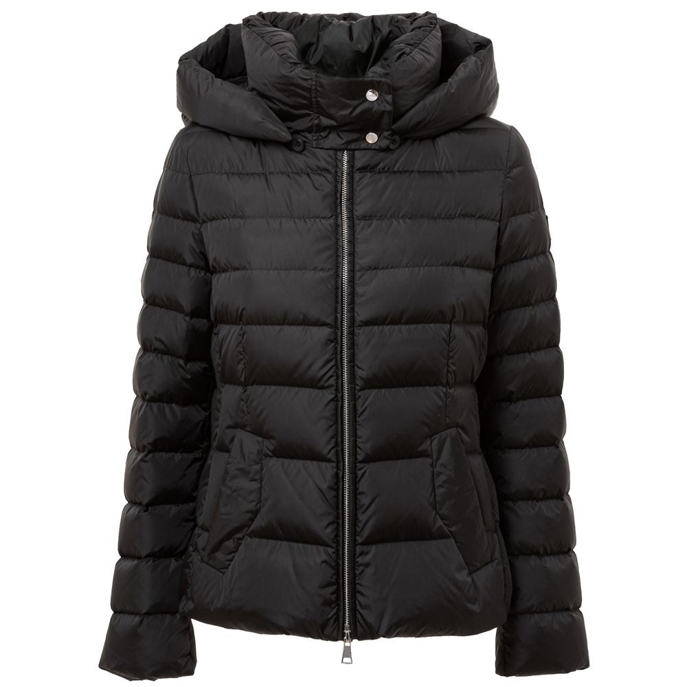 Hooded Puffer Jacket by Add for women in polyamide & duck down black features a dramatic silhouette, showcasing a sophisticated hooded neckline and distinctive lightweight, pockets, hooded & insulated for a dramatic aesthetic.