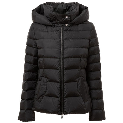 Hooded Puffer Jacket by Add for women in polyamide & duck down black features a dramatic silhouette, showcasing a sophisticated hooded neckline and distinctive lightweight, pockets, hooded & insulated for a dramatic aesthetic.