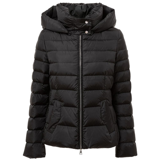 Hooded Puffer Jacket by Add for women in polyamide & duck down black features a dramatic silhouette, showcasing a sophisticated hooded neckline and distinctive lightweight, pockets, hooded & insulated for a dramatic aesthetic.
