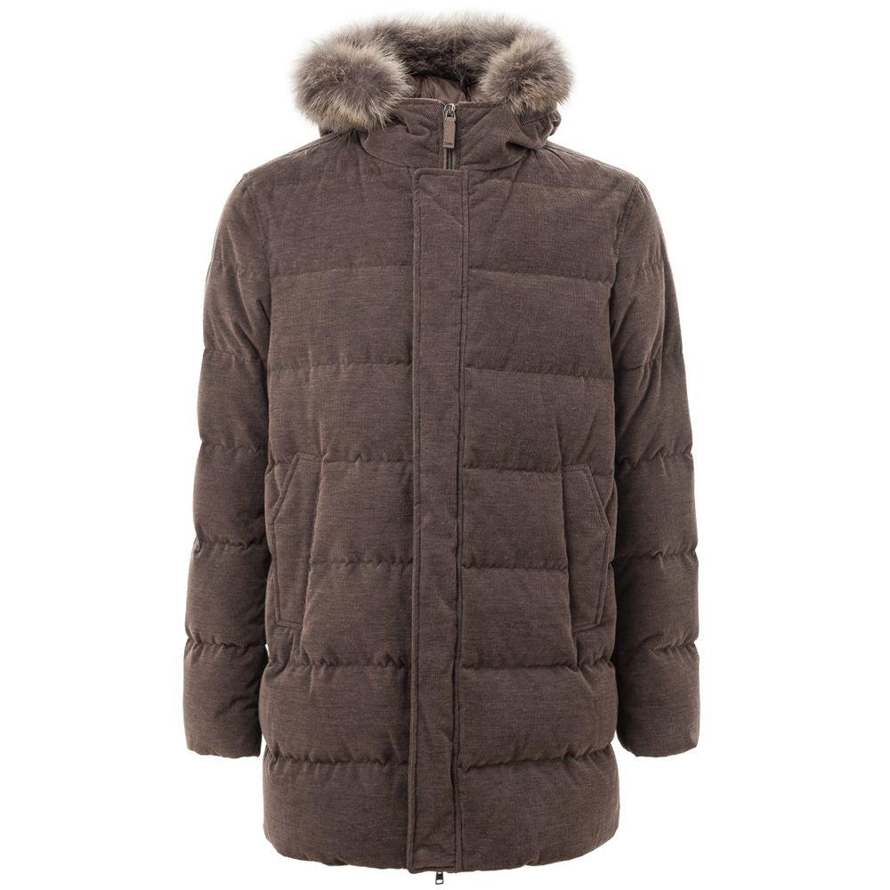 Hooded Jacket by Herno for men in wool cotton & fur brown presents a authentic silhouette, artfully detailed with a authentic hooded neckline and functional insulated, pockets & hooded for a premium authentic finish.