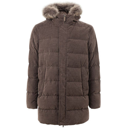 Hooded Jacket by Herno for men in wool cotton & fur brown presents a authentic silhouette, artfully detailed with a authentic hooded neckline and functional insulated, pockets & hooded for a premium authentic finish.