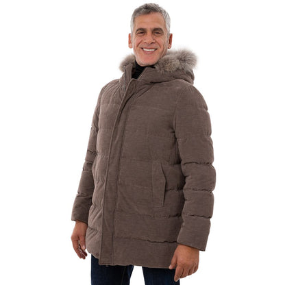 Hooded Jacket by Herno for men in wool cotton & fur brown features an utilitarian silhouette with a refined hooded neckline, showcasing sophisticated insulated, pockets & hooded for an utilitarian aesthetic.