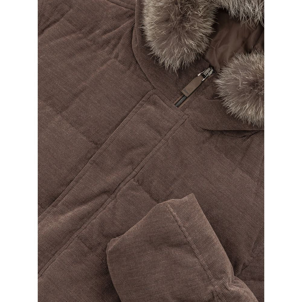 This Hooded Jacket by Herno for men in wool cotton & fur brown showcases a magnificent silhouette, meticulously crafted with a distinctive hooded neckline and functional insulated, pockets & hooded for a magnificent finish.