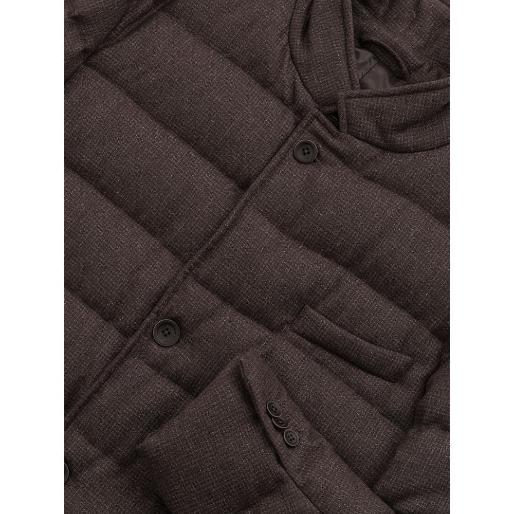 Puffer Jacket by Herno for men in wool & polyester brown features a dramatic silhouette, showcasing a sophisticated high-neck neckline and distinctive insulated & pockets for a dramatic aesthetic.