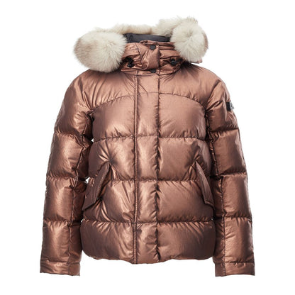 Hooded Jacket by Peuterey for women in polyester & fur bronze & pink presents a impeccable silhouette, showcasing distinct pockets, hooded & insulated and a impeccable hooded neckline for a sophisticated finish.