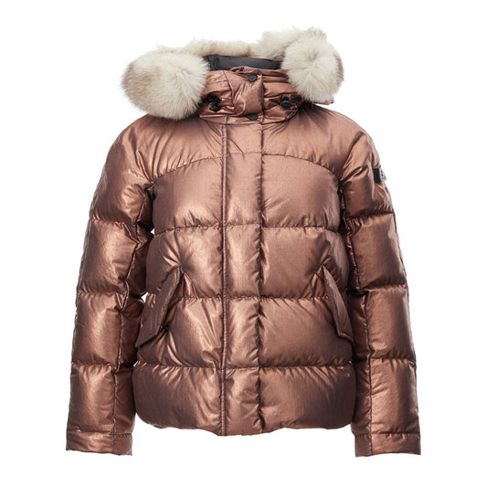 Hooded Jacket by Peuterey for women in polyester & fur bronze & pink presents a impeccable silhouette, showcasing distinct pockets, hooded & insulated and a impeccable hooded neckline for a sophisticated finish.