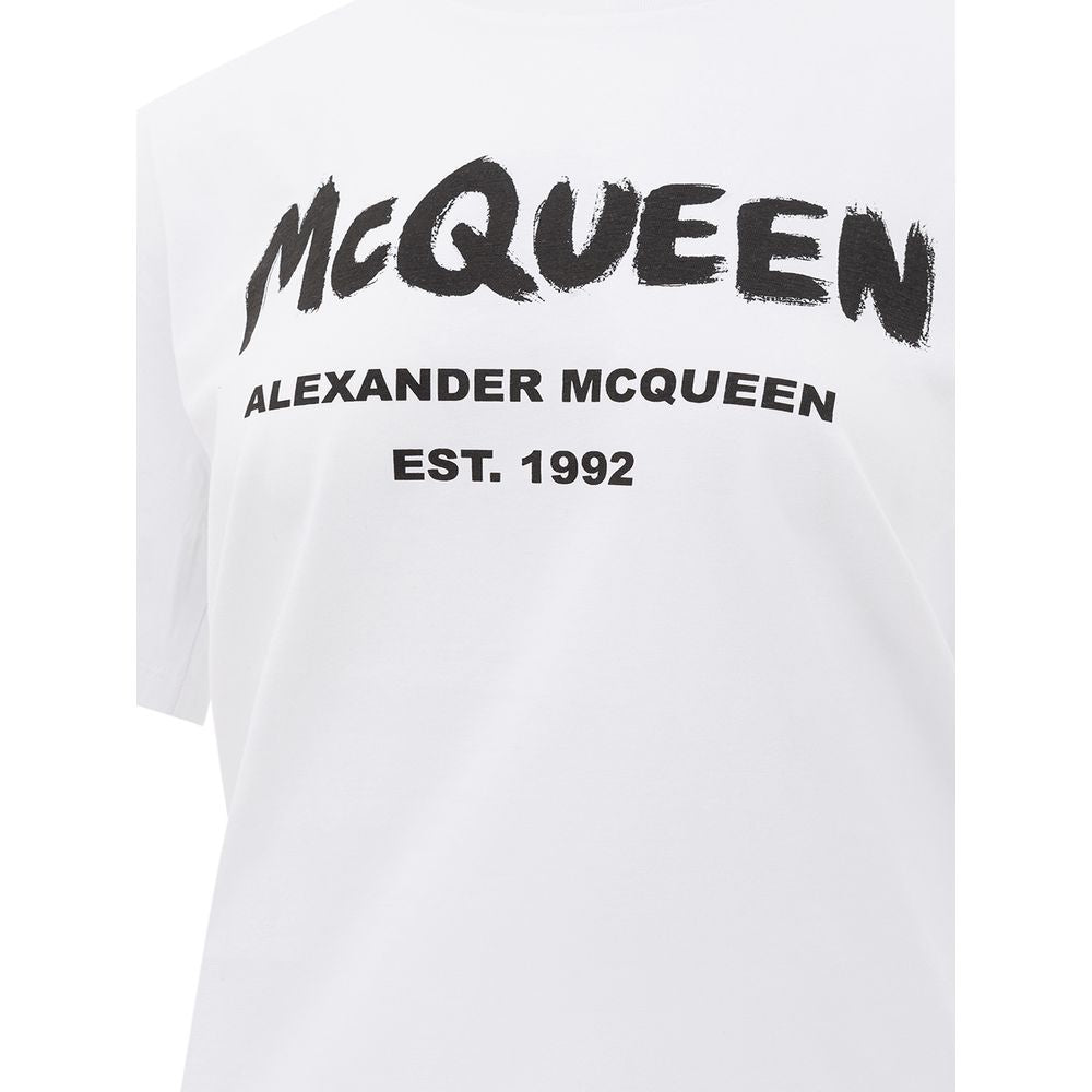 T-Shirt by Alexander McQueen for women in cotton white, signature & print showcases a dramatic silhouette, elegantly detailed with a dramatic round neckline and for a truly dramatic finish.