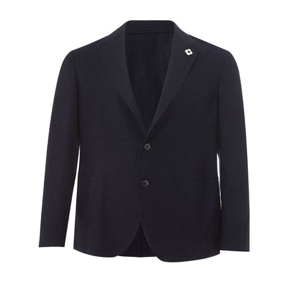 This Blazer by Lardini for men in cotton blue presents a tailored silhouette, meticulously tailored with a tailored v-neck single-breasted lapel notch-lapel neckline and distinctive for a tailored finish.