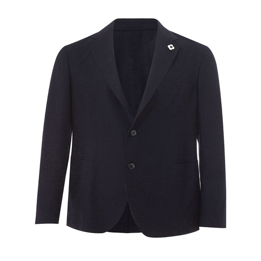 This Blazer by Lardini for men in cotton blue presents a tailored silhouette, meticulously tailored with a tailored v-neck single-breasted lapel notch-lapel neckline and distinctive for a tailored finish.