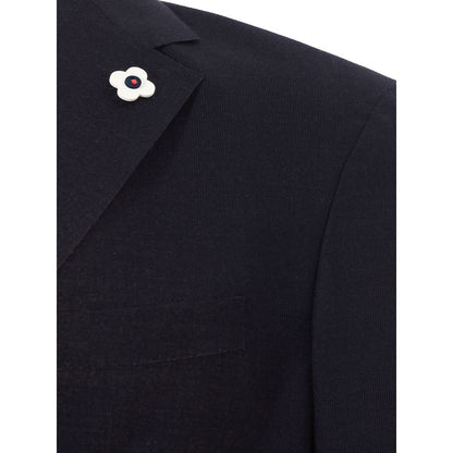 Blazer by Lardini for men in cotton blue showcases a discerning silhouette, elegantly detailed with a sophisticated v-neck single-breasted lapel notch-lapel neckline and premium for a truly discerning finish.