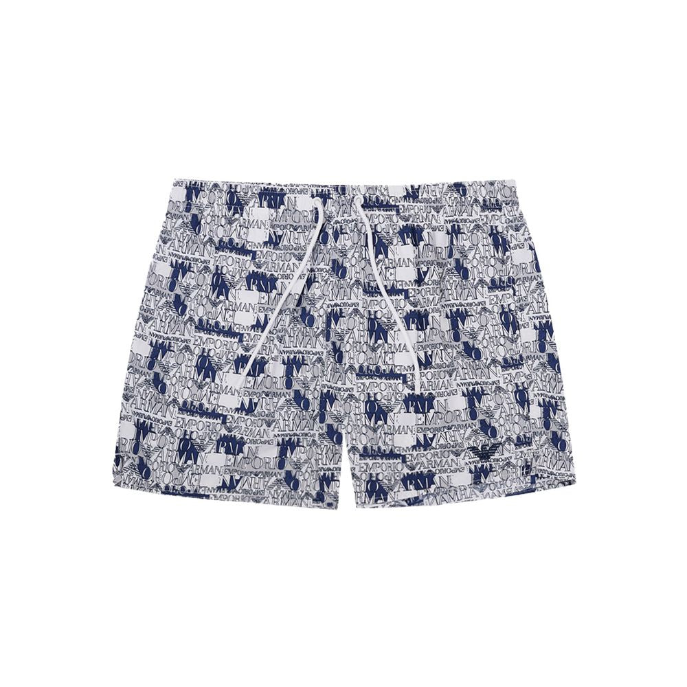 Boardshorts by Emporio Armani for men in polyester white features a beautiful silhouette, showcasing the beautiful design of the Men's Polyester Boardshorts with a beautiful fit.
