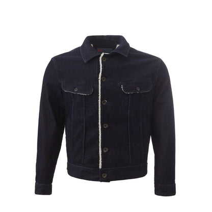 Jacket by Lardini for men in stretch poly cotton velvet blue presents a impeccable silhouette, showcasing distinct pockets and a impeccable shirt-collar neckline for a sophisticated finish.
