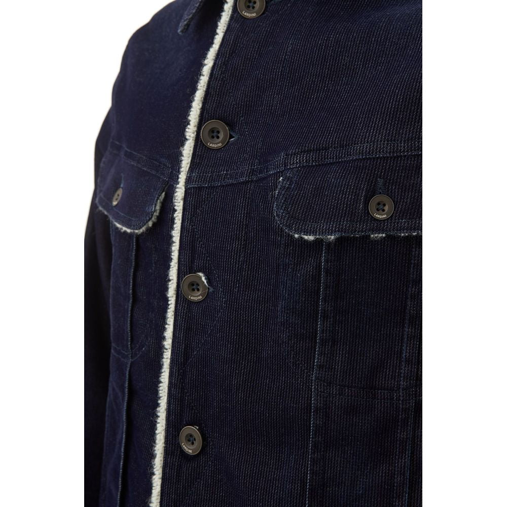 Jacket by Lardini for men in stretch poly cotton velvet blue features an utilitarian silhouette with a refined shirt-collar neckline, showcasing sophisticated pockets for an utilitarian aesthetic.