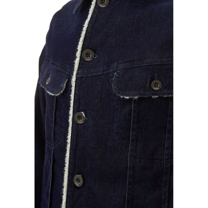 Jacket by Lardini for men in stretch poly cotton velvet blue features an utilitarian silhouette with a refined shirt-collar neckline, showcasing sophisticated pockets for an utilitarian aesthetic.