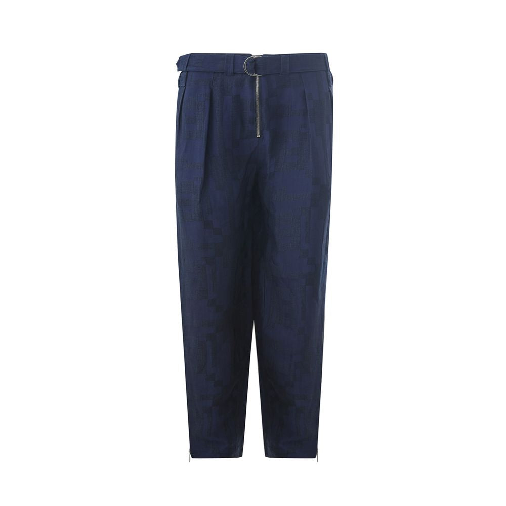 Trousers by Emporio Armani for men in linen blue features a sculptural silhouette, showcasing a sculptural relaxed-fit and long with a sophisticated for a sculptural finish.