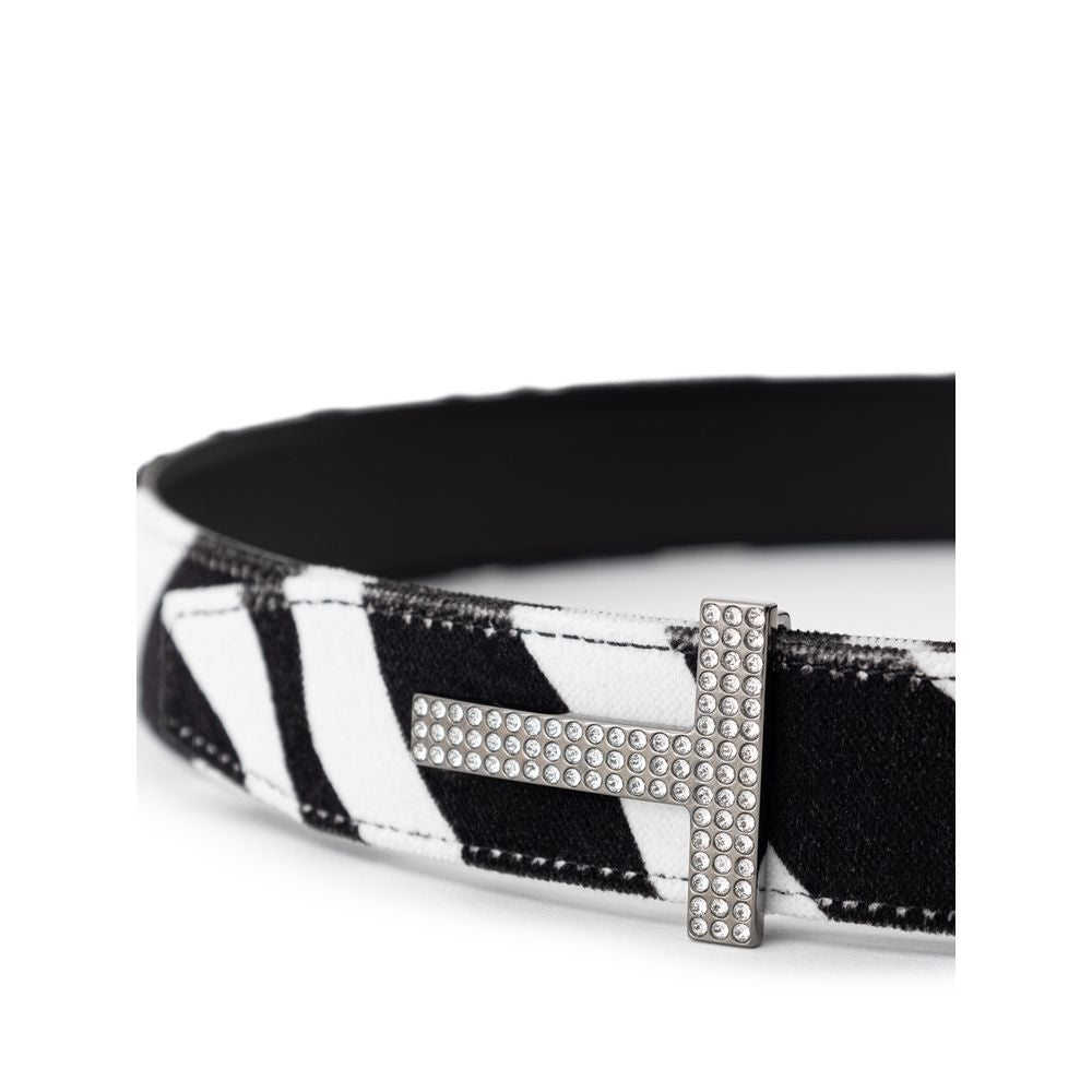 Belt by Tom Ford for women in cotton velvet & leather black & white features an artisanal finish, elegantly showcasing the signature style and artisanal craftsmanship of the Cotton Velvet & Leather Belt design.