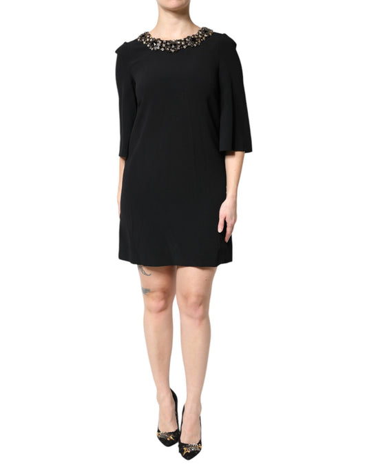 Dolce & Gabbana Women's A Line Shift Three-Quarter-Sleeve Round Neck Brass Cotton Viscose & Crystal Mini Dress - Black