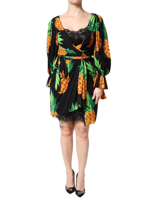 Dolce & Gabbana Black Silk Pineapple Draped Print Wrap Dress