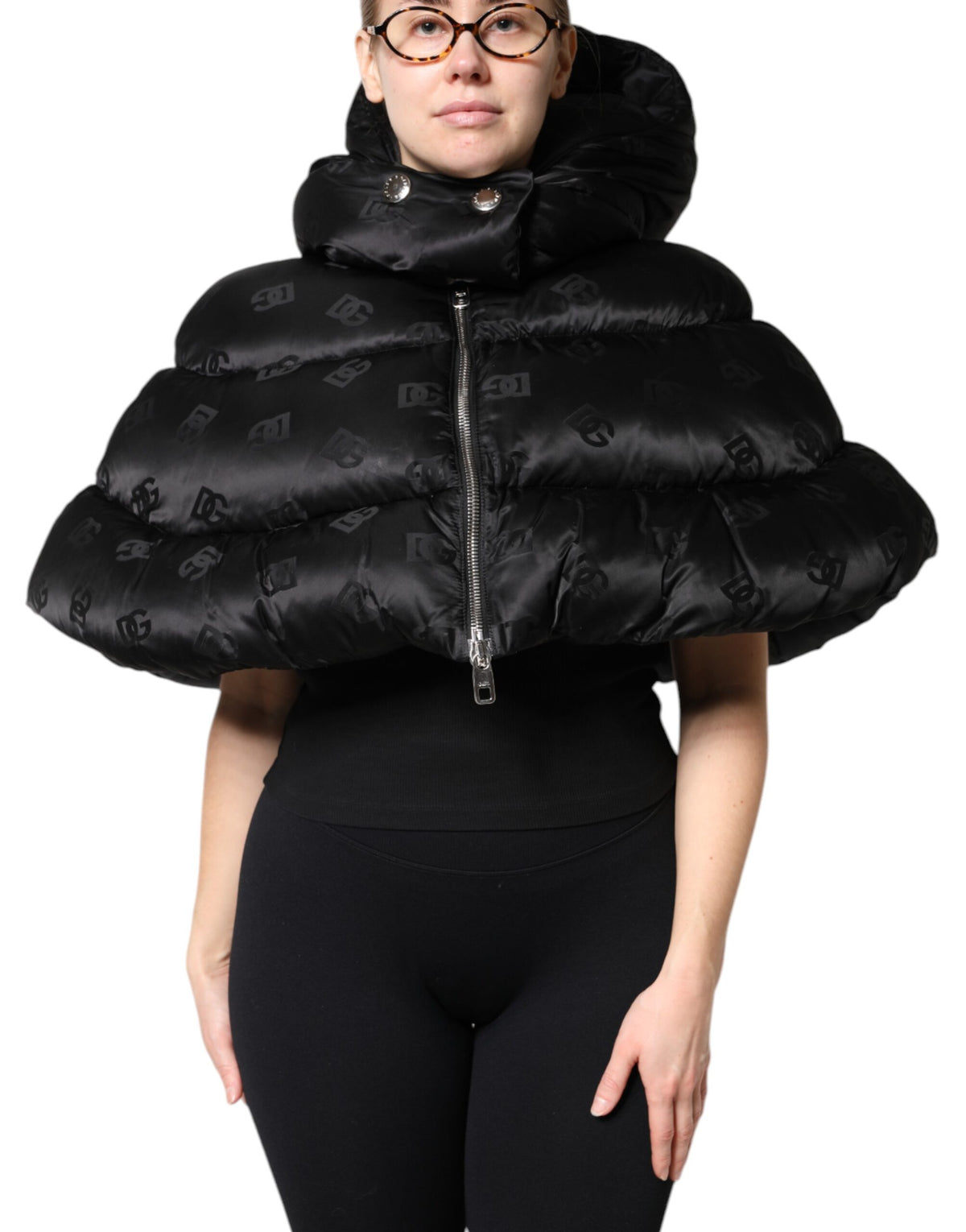 Dolce & Gabbana Women's Crop Top Padded Nylon Hooded Puffer Jacket - Black