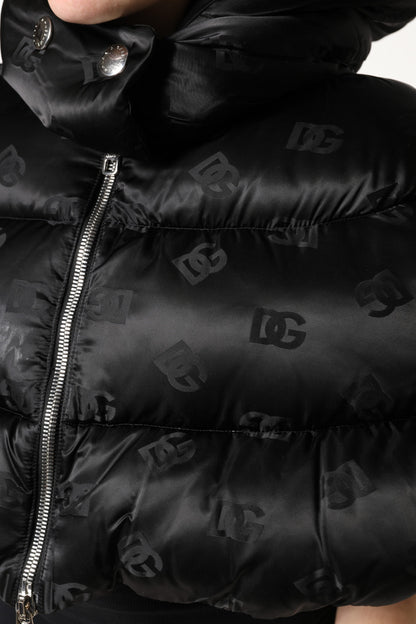 Dolce & Gabbana Women's Crop Top Padded Nylon Hooded Puffer Jacket - Black