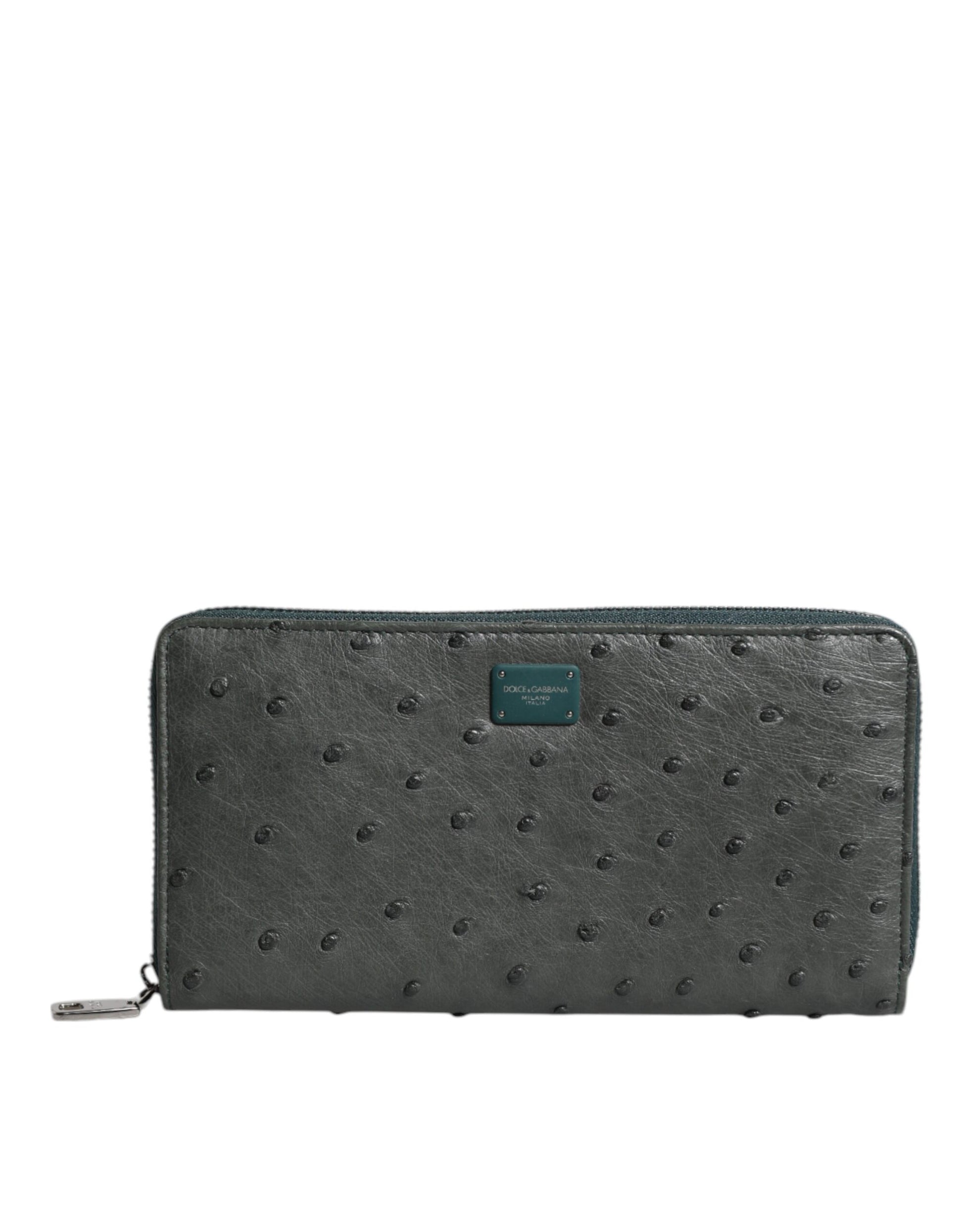 Cardholder Wallet by Dolce & Gabbana for men in ostrich leather green presents a streamlined silhouette, showcasing the sophisticated design of the Ostrich Leather Cardholder Wallet collection with functional card-organization zip-around coin-purse.
