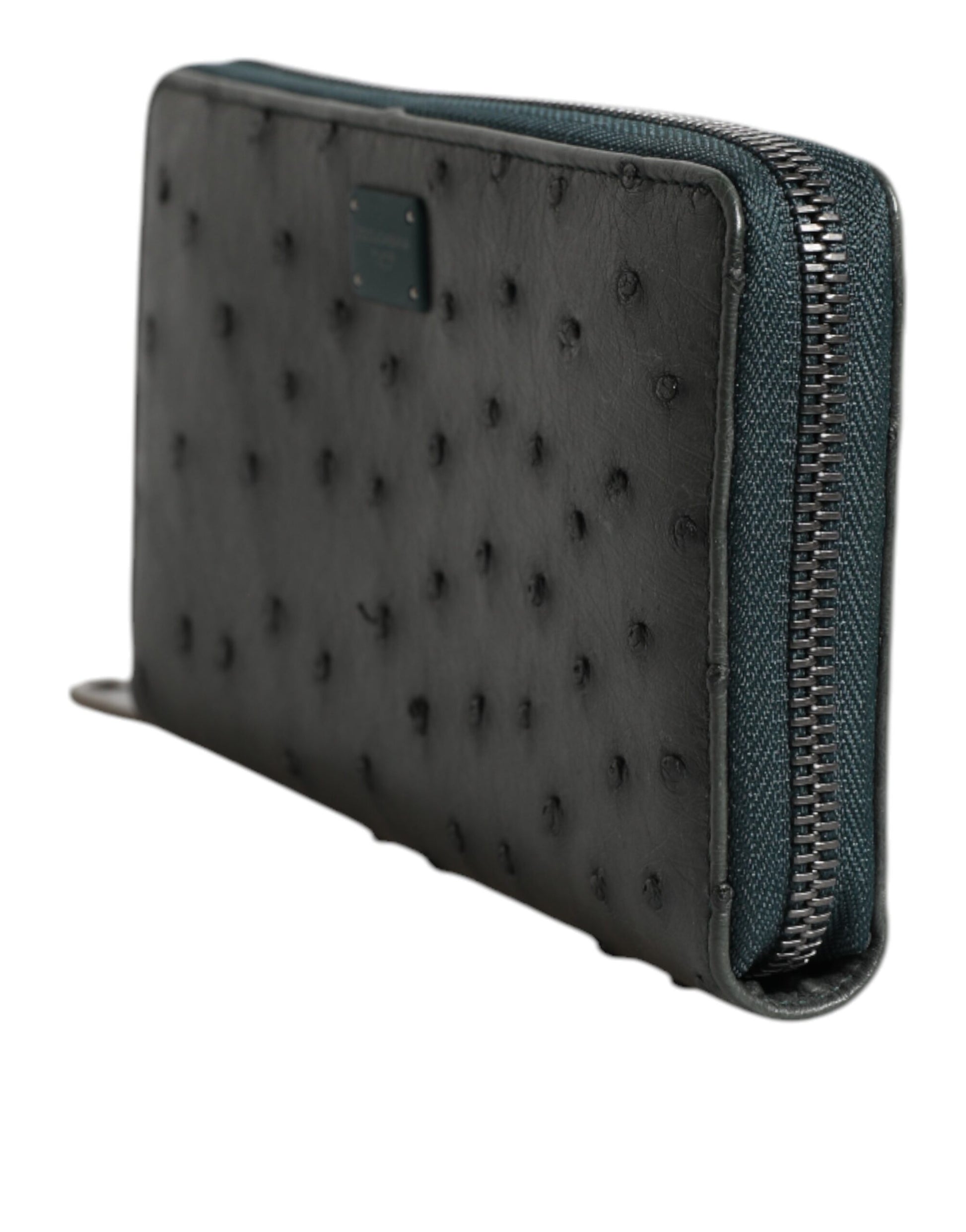 Cardholder Wallet by Dolce & Gabbana for men in ostrich leather green showcases a discerning silhouette, artfully capturing the essence of Ostrich Leather Cardholder Wallet with its functional card-organization zip-around coin-purse.
