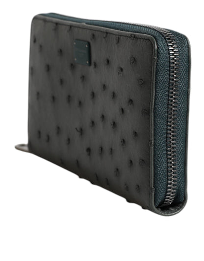 Cardholder Wallet by Dolce & Gabbana for men in ostrich leather green showcases a discerning silhouette, artfully capturing the essence of Ostrich Leather Cardholder Wallet with its functional card-organization zip-around coin-purse.