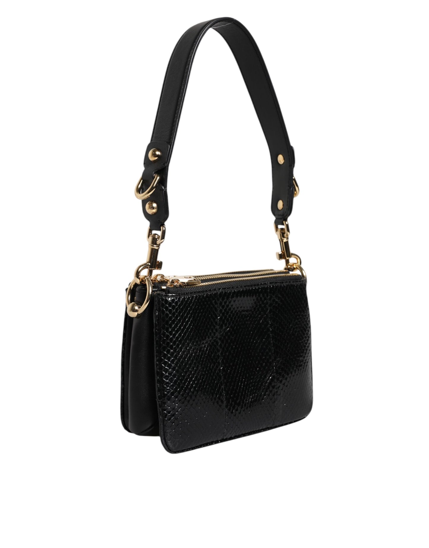 Shoulder Sling Clutch Bag by Dolce & Gabbana for women in exotic leather black & gold showcases a statuesque silhouette, artfully detailed with a secure zipper, organized , and versatile shoulder-strap, adjustable-strap & detachable-strap for a statuesque look.