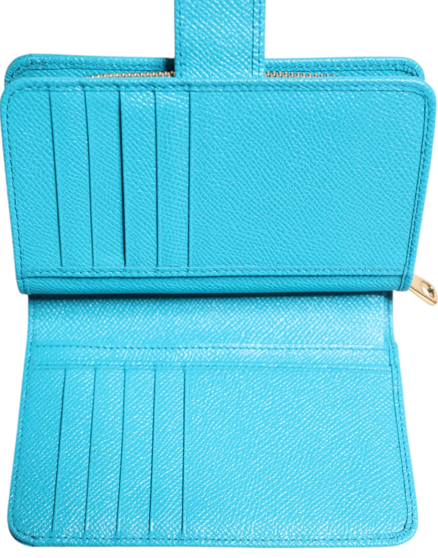 Cardholder Wallet by Dolce & Gabbana for women in patent leather light-blue showcases a refined silhouette, artfully capturing the essence of the refined Patent Leather Cardholder Wallet design with functional card-organization compact-design bifold.