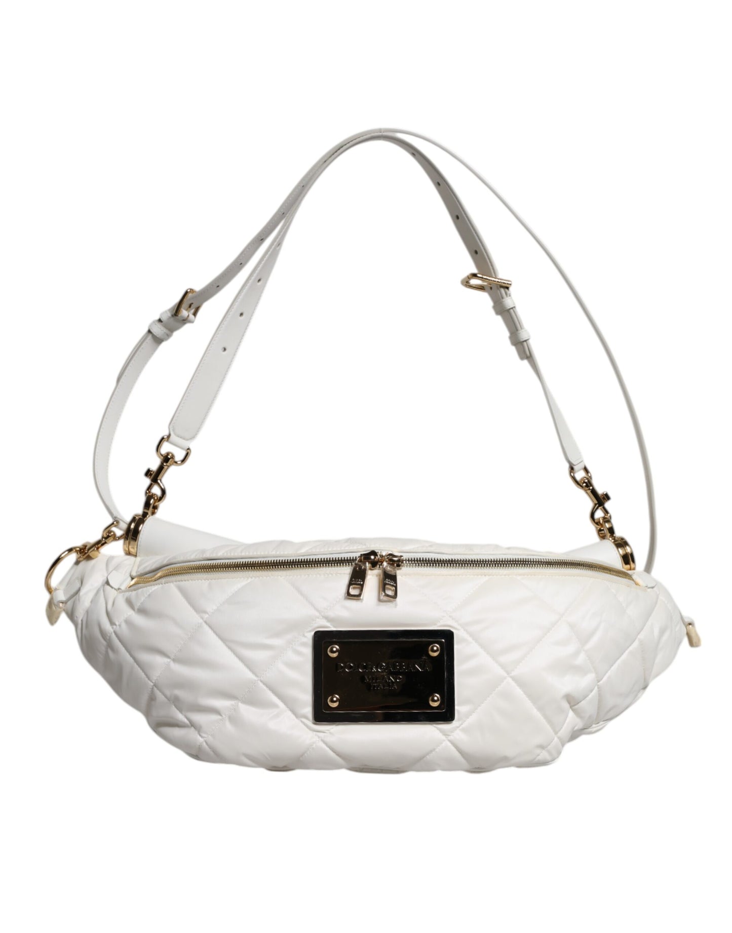 Quilted Fanny Pack Belt Bag by Dolce & Gabbana for women in calf leather & nylon gold & white features a jet-setting Calf Leather Nylon Quilted Fanny Pack Belt Bag design, showcasing a secure zipper with ample and versatile handle, adjustable-strap, detachable-strap & belt-strap for a jet-setting finish.